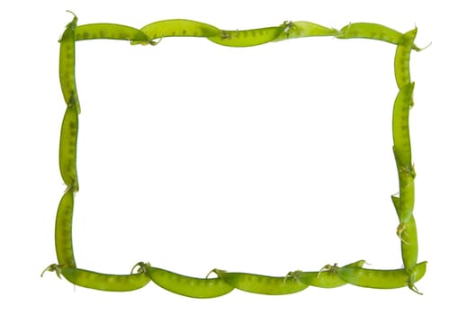 An Isolated border on white made of green pea pods