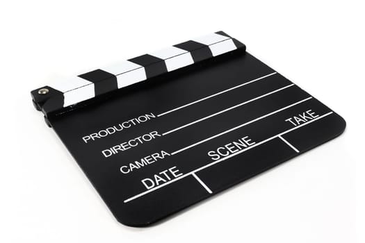A black and white film clapper against a white background