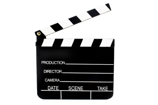 A black and white film clapper against a white background