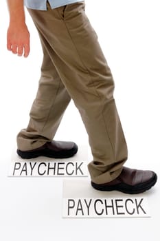 Person walking from one light gray rectangle paper packet marked paycheck to another with text saying paycheck on white ground.