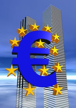 Euro sign and twelves yellow stars in front of skyscrapers