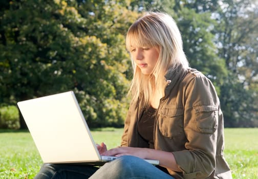 Young woman with laptop in a meadow