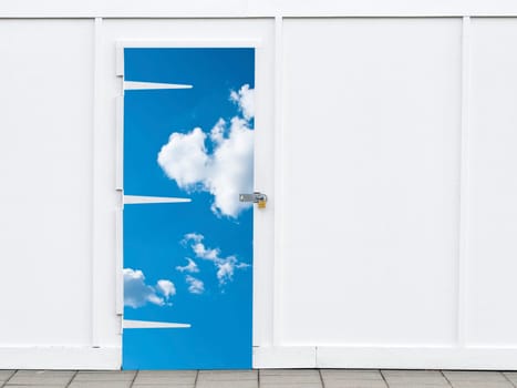 Shut sky door with a padlock, white wall building