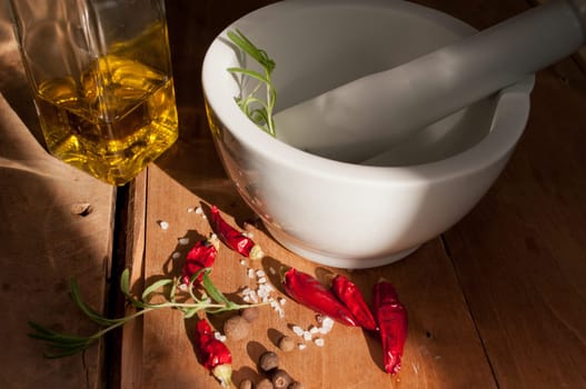 Cooking - Preparing of Marinade in Mortar - Red Chillies, Rosemary, Salt and Allspice