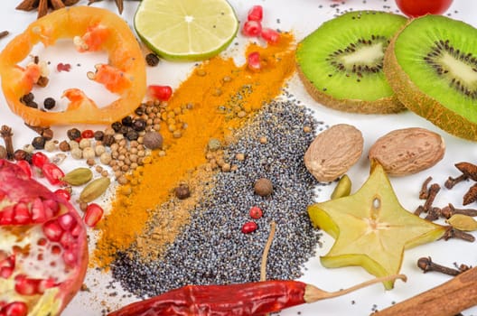 Colorful spices on a white background - beautiful kitchen image.