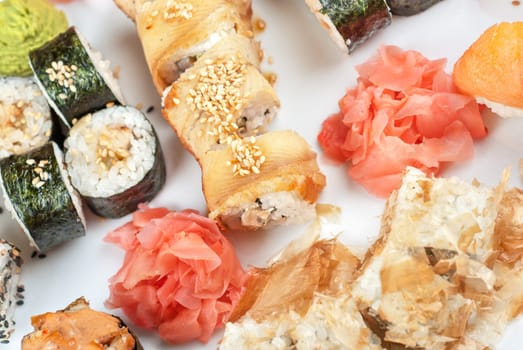 view of closeup japanese sushi set at plate