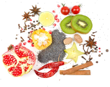 Colorful spices on a white background - beautiful kitchen image.
