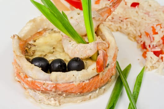 tasty prepared fish with rice and vegetables
