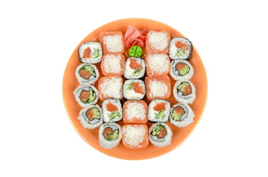 Closeup japanese sushi set at plate on a white