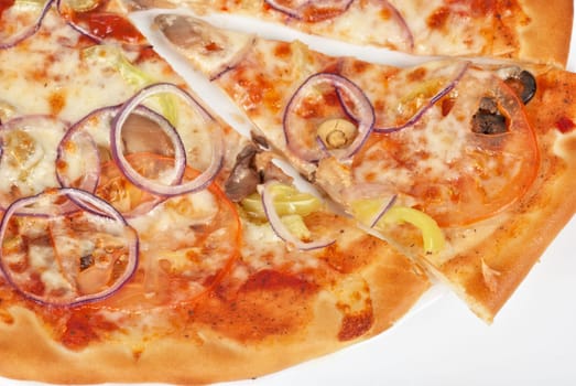 vegetable pizza closeup with tomato, Bulgarian pepper, onion, olive, champignons and mozzarella cheese