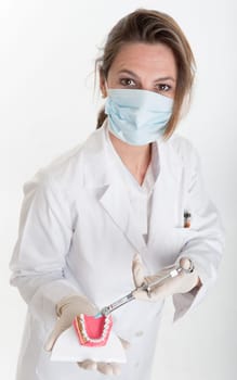 Female dentist holding a dentistry study model and a syringe