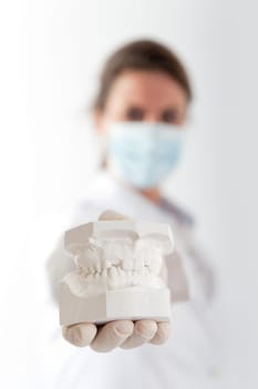 Female dentist holding a plaster mold of a denture to the camera