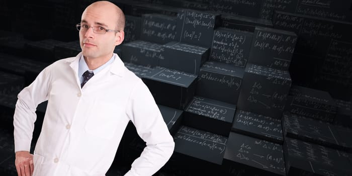 Man with a lab coat and a tie with a background of mathematical formulae