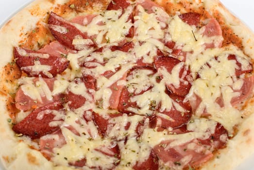 Salami pizza isolated on a white background