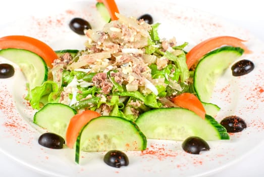 Salad of tuna fish with string beans, eggs, lettuce, boiled potato and fresh cucumbers and tomato