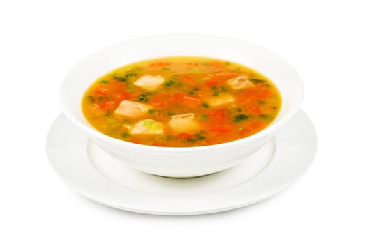 Fish soup with pikeperch and salmon isolated on a white