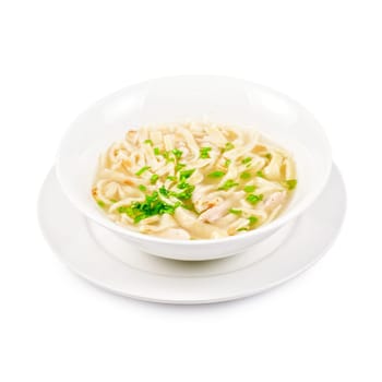 Chicken noodle soup isolated on a white