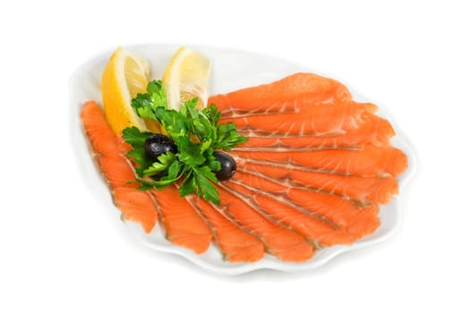Salmon with lettuce, lemon and olive on white background