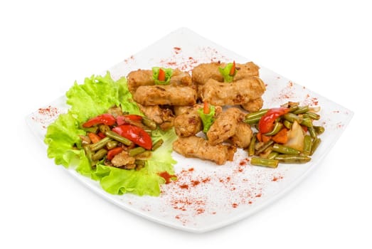 Orient salad with spicy chicken meat and roasted vegetables