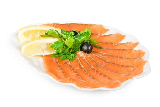 Salmon with lettuce, lemon and olive on white background