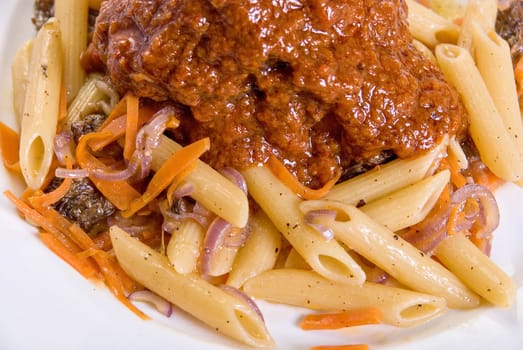 Macaroni with lamb meat and mushrooms