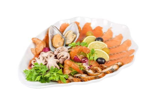appetizer closeup of different seafood and vegetables