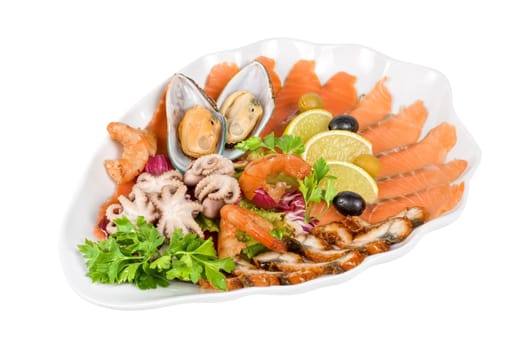 appetizer closeup of different seafood and vegetables