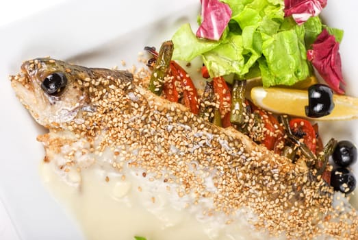 trout fish baked with greens closeup