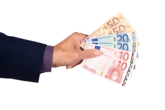 male hand with  euro  banknote on a white background