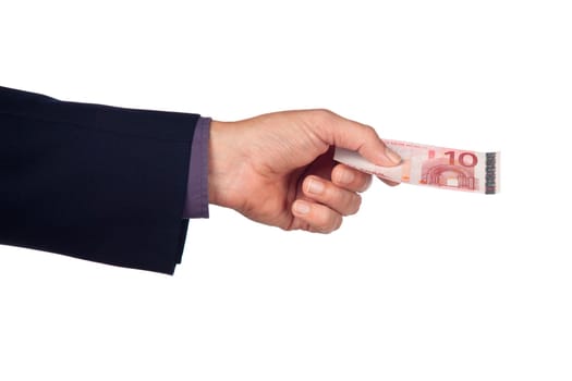 male hand with  euro  banknote on a white background