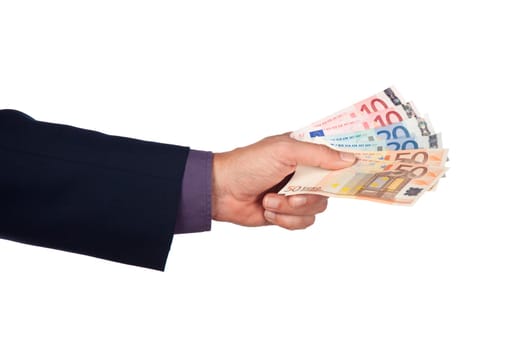 male hand with  euro  banknote on a white background