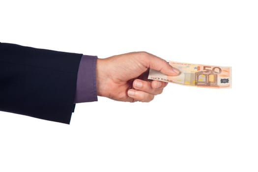 male hand with  euro  banknote on a white background