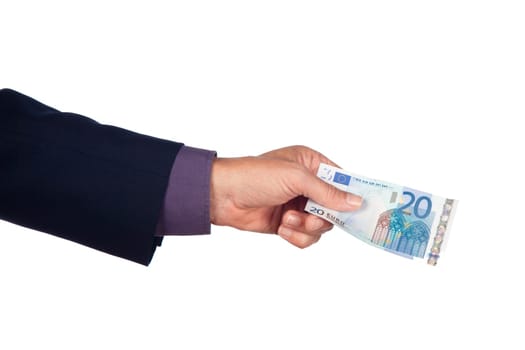 male hand with  euro  banknote on a white background