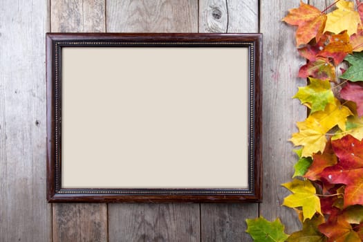 Autumn leaves annd frame on wooden background