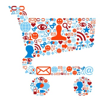 Social media icons set in shopping cart shape composition
