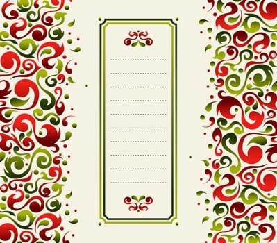 Christmas postcard made with green and red ornamental plant shapes