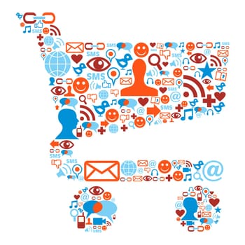Social media icons set in shopping cart shape composition