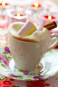 Close-up of delicious hot chocolate with chocolate sprinkles and marshmallow