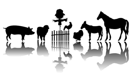 Silhouettes of farm animals and a scarecrow, isolated and grouped objects over white background