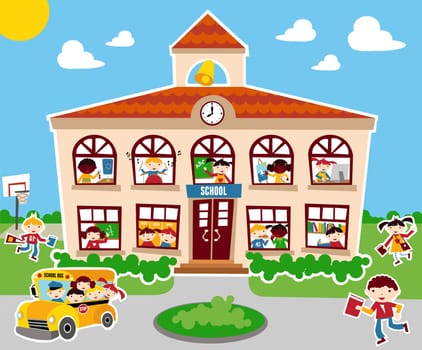 Back to school concept illustration background. Bus, children and school facade composition.