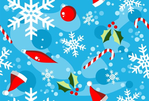 Christmas season illustration with snow, balls and candy over cyan background.