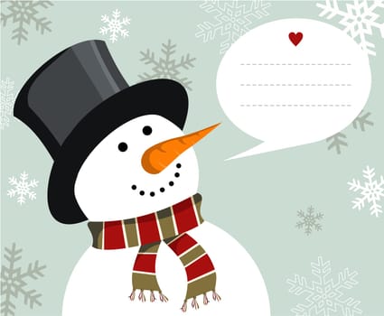 Snowman illustration wearing hat and scarf with dialogue balloon on snowy background.  Vector file available.