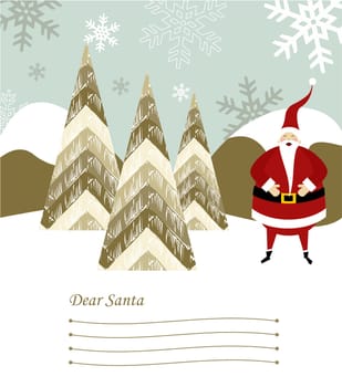 Dear Santa blank lines to write the Christmas gifts with santa claus illustration on snowy background. Vector file available.