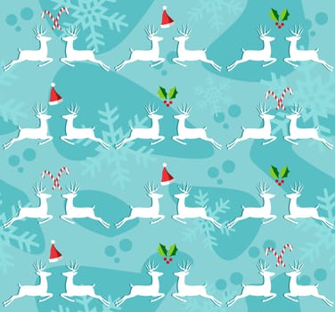 Christmas decorative elements and reindeers seamless pattern background. Vector illustration.