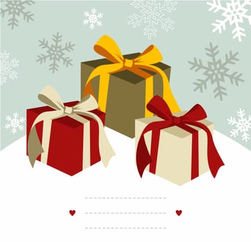 Christmas gifts illustration with blank lines to write on snowy background.  Vector file available.