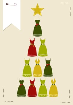 Christmas tree made ??of multicolored dresses with a yellow star on the top on pink background.  Vector file available.