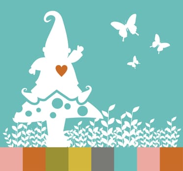 White elf silhouette on a mushroom, leaves and butterflies. Vector file available.