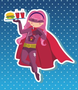 Superhero girl flying with tray in your hand with fast food on blue background with little stars. Vector available.