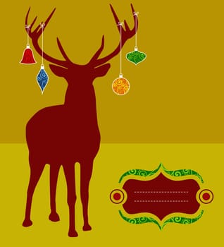 Christmas reindeer silhouette with decorations hanged from its antlers over mustard background. Ready for use as postage greeting card.