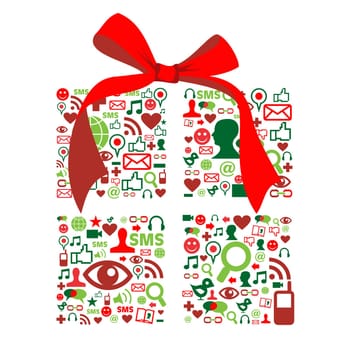 Social media christmas box shape made with global communication icons.
